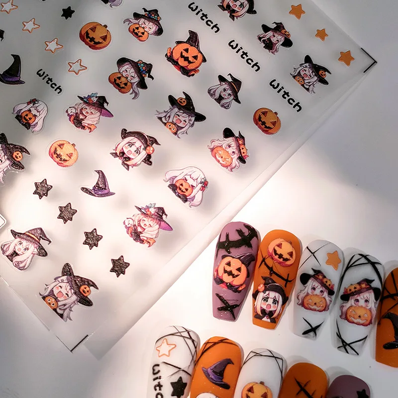 Halloween Stars Witch Pumpkin Cartoon 5D Soft Embossed Reliefs Self Adhesive Nail Art Stickers Cute Manicure Decals Wholesale