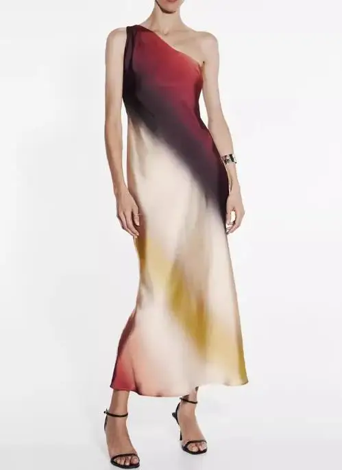 

Summer 2025 Women Color Blocked Gradient Print Elegant Single Shoulder Sloping Collar High Waist Personalized Temperament Dress