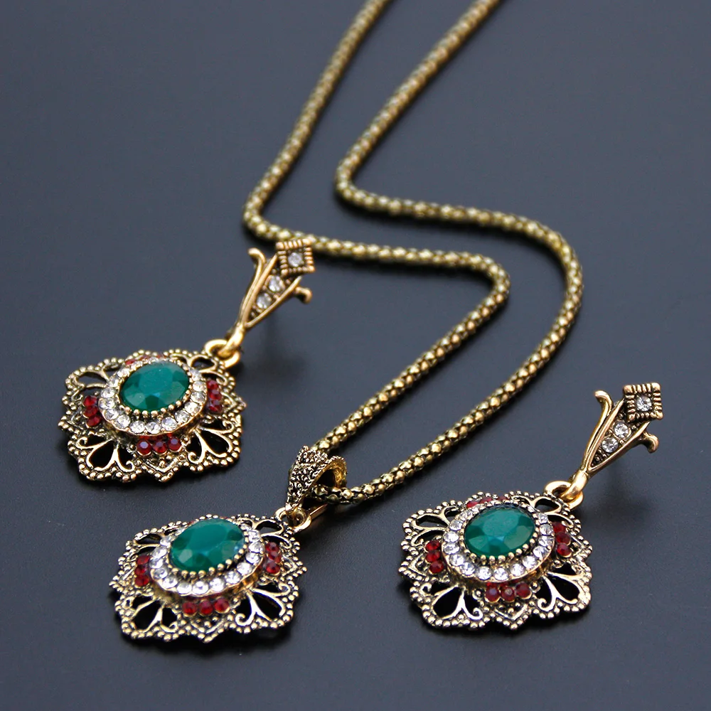 Sunspicems Vintage Bohemia Women Earring Necklace Sets Antique Gold Color Turkish Retro Jewelry Sets Bronze Pendant Necklace Set