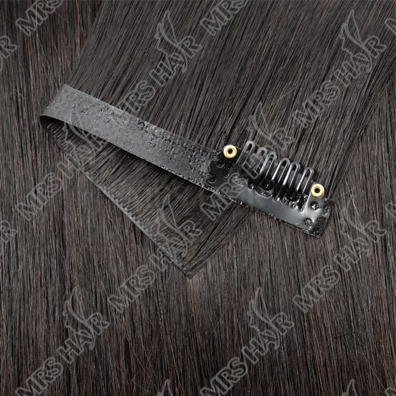 Clip invisibile in PU nell'estensione dei capelli umani Trama del nastro senza soluzione di continuità Trama del nastro sottile e morbido 7 pezzi / set 12-24 pollici 100G 120G Clip sui capelli