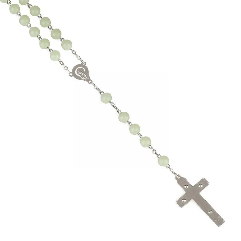 Luminous Cross Necklace For Men Women 8MM Christian Catholic Cross Rosary Necklace Glowing Light In Dark Beaded Rosary Neck V7W2