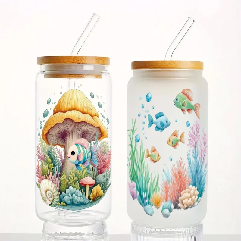6Pcs Cute Ocean Animals UV DTF Transfer Sticker Cartoon Fish for Laptop Phone Case, Glass, Coffee Mug Decoration Handmade Gift