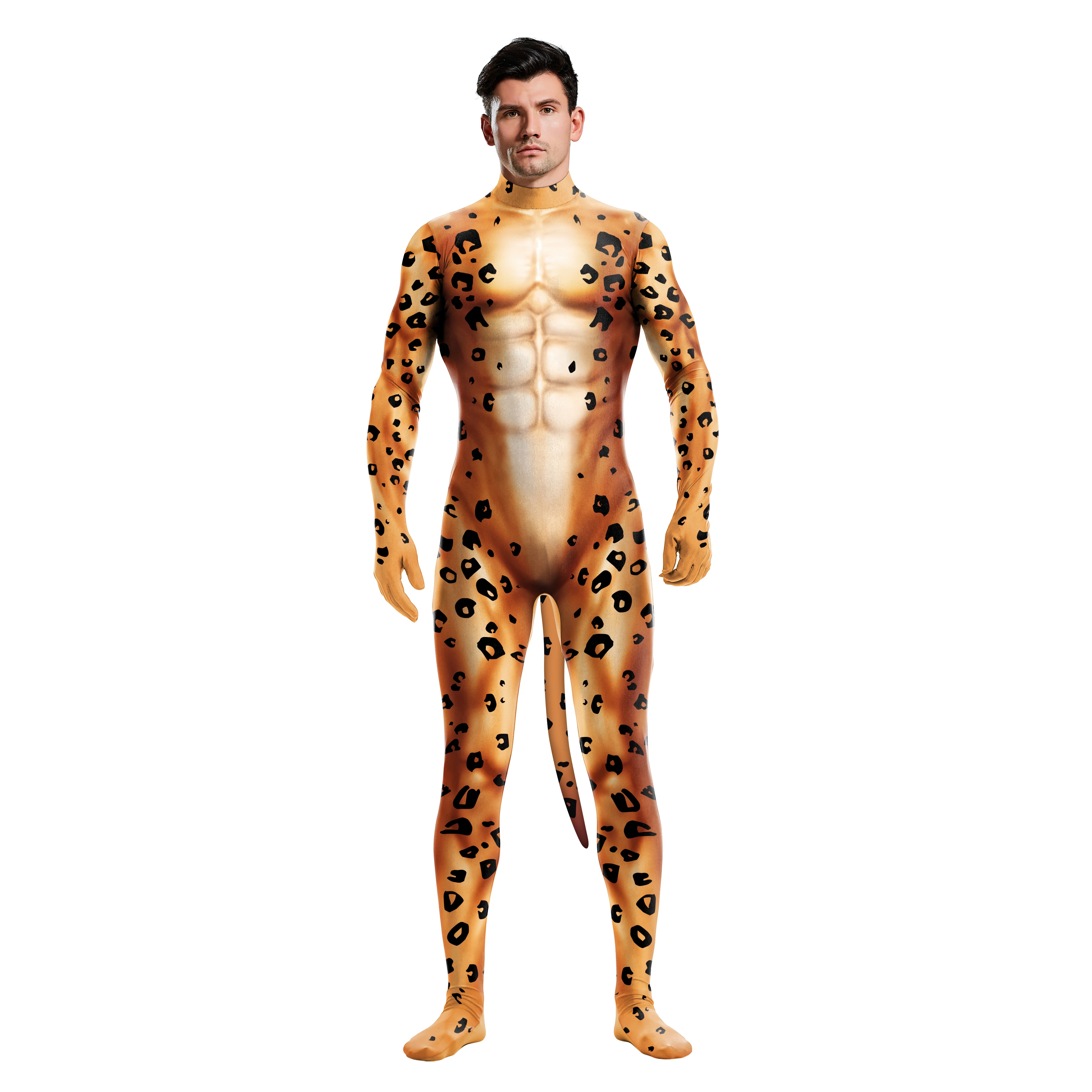 Halloween Animal Tiger Pattern Printing Cosplay Costume Man Funny Long Sleeve Bodysuit Party Jumpsuit Disguise Stage Clothes