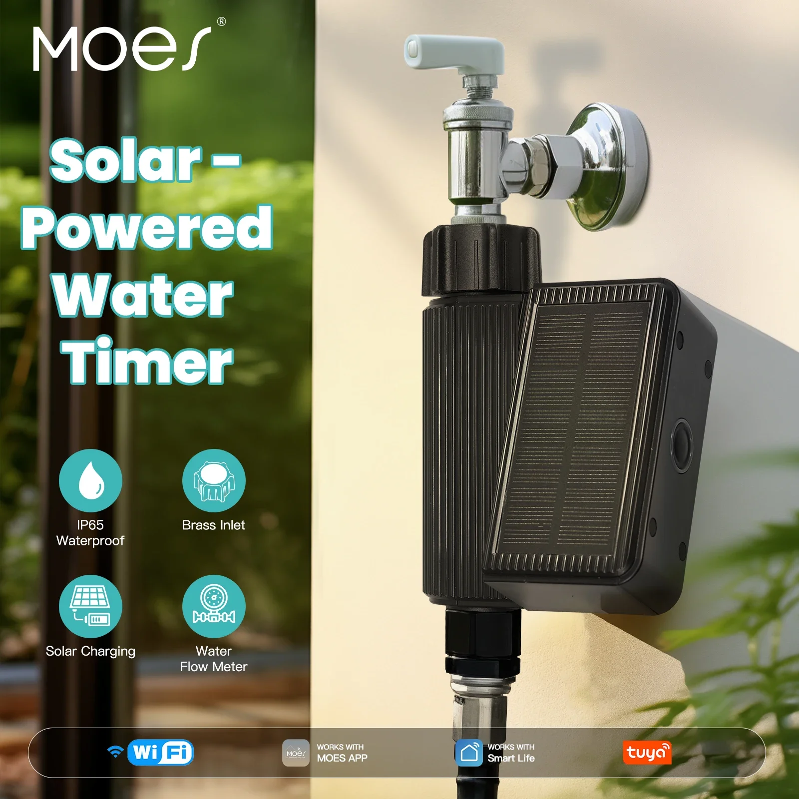 MOES Tuya US WiFi Solar Powered Water Timer Meter IP65 Waterproof Brass Inlet With Soil Temperature Humidity Sensor Detector