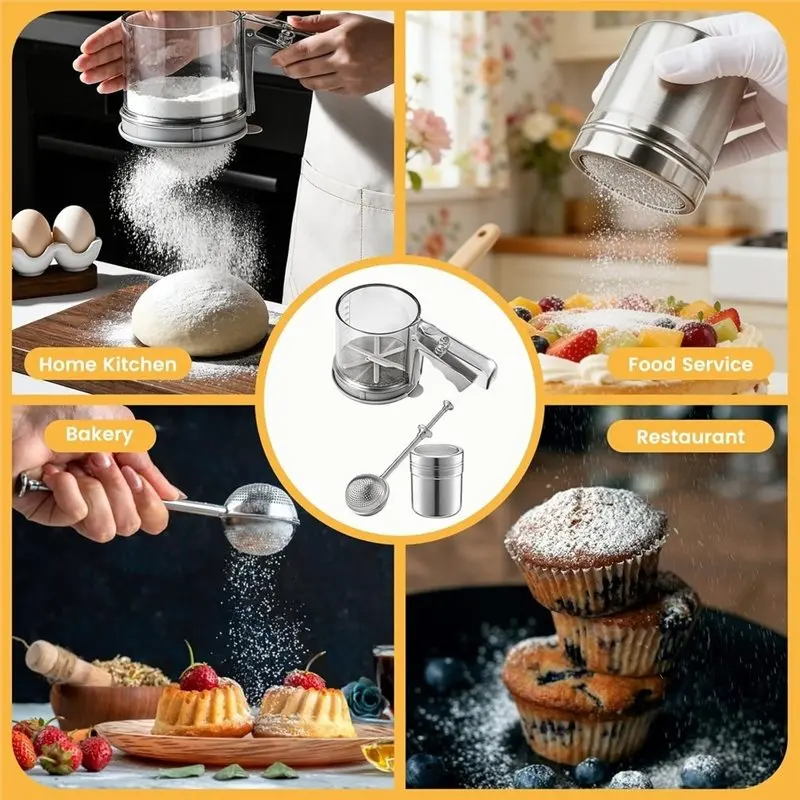 LUCKshopping Flour Sifter, 3 Cup Flour Sifter, Sifter For Baking Sifter Handheld Baking Sieve Food Double-Filter, For Baking