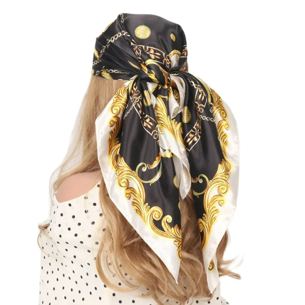 Head/Hair Scarf Black Gold Square Silk Scarves Women Summer Hijab Multifunctional Vintage Bandana Foulard Soie De Luxe Femme