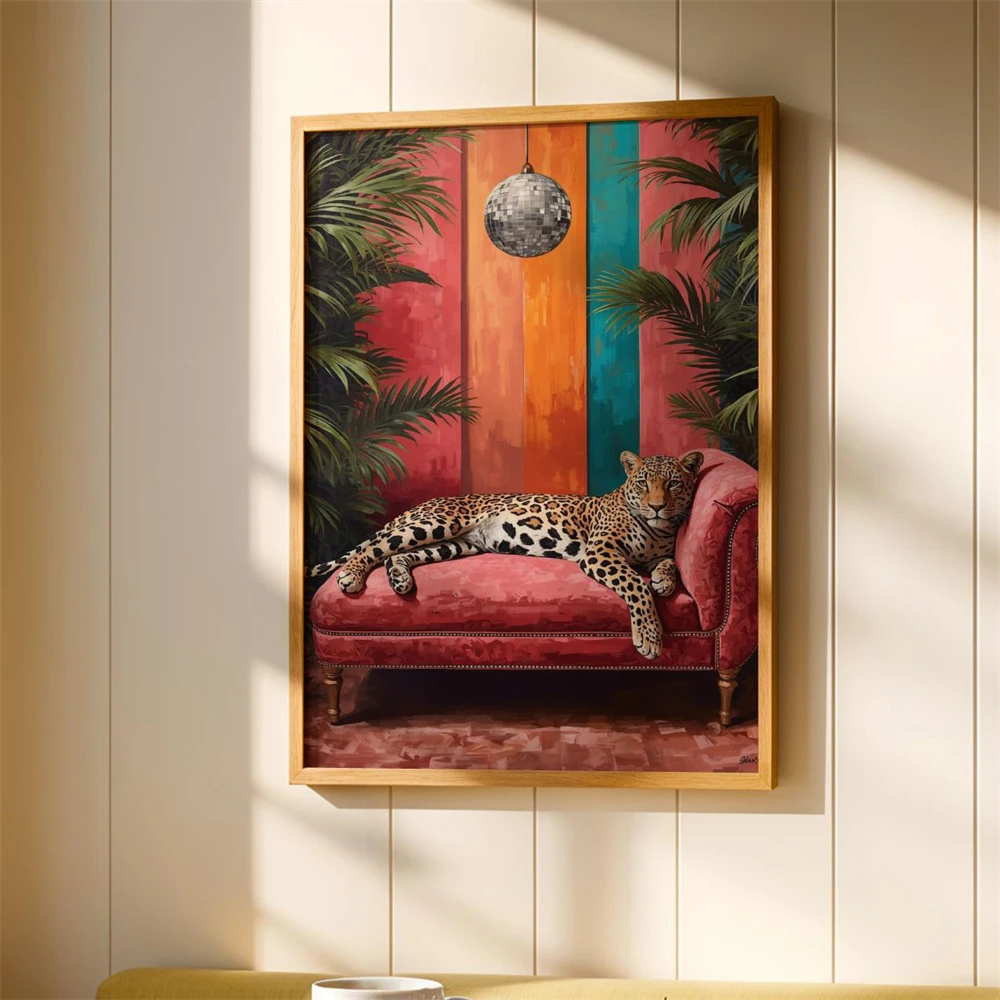 Sleepy Leopard Poster Cheetah Wall Art Maximalist Home Decor Emerald Green Modern Art  Leopard Print Home Wall Decor