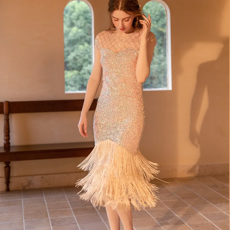 Sexy Female Sequin Fringe Dress O-Neck Sleeveless See Through Mesh Bodycon Tired Tassel Dress Glitter Banquet Party Club Dress