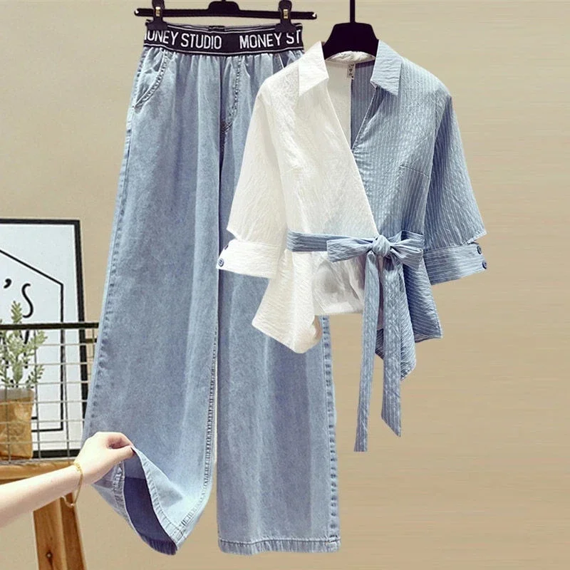 Frauen Hosen Sommer Einfarbig Koreanische Farbe Block Hemd Jeans Mode Hohe Taille Lose Beiläufige Y2k Frauen Jeans