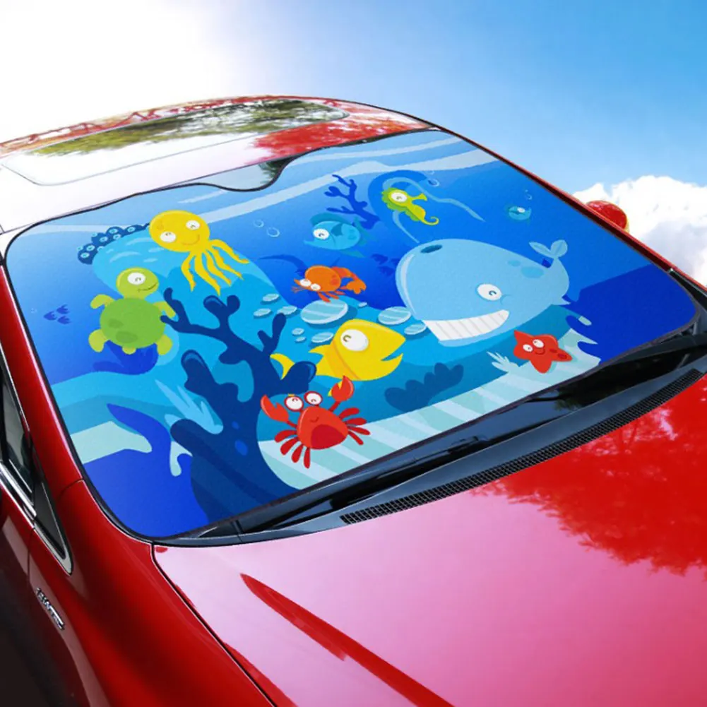 130x70cm Car Windshield Sun Shade Cartoon Sun Visor Front Windscreen Visor UV Block Solar Protection Suction Cup Film Cover