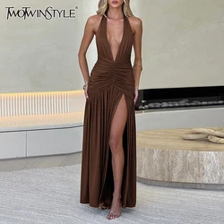 TWOTWINSTYLE Sexy Slimming Split Dress For Women Halter Sleeveless Backless High Waist Solid Patchwork Folds Dresses Female New