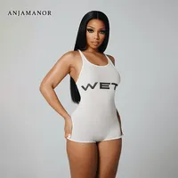 ANJAMANOR Wet Print Sleeveless Bodycon Short Jumpsuit One Pieces Sexy Outfits Woman Gym Romper 2024 Summer Clothes D96-AG15