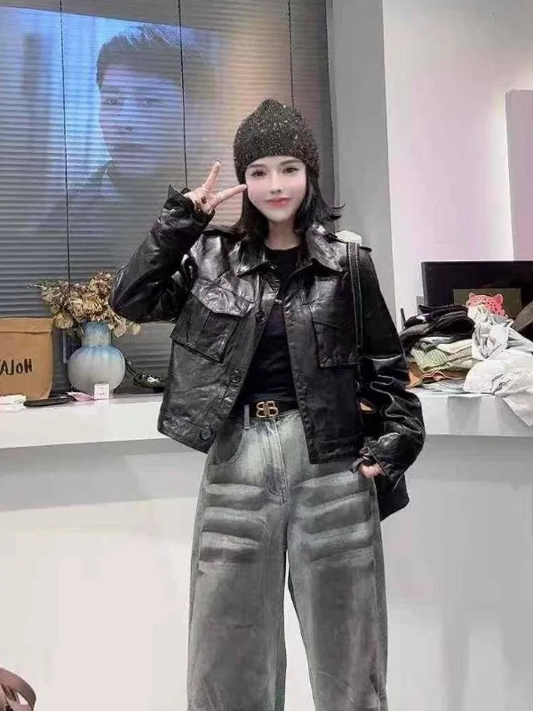 High Street Giacca da donna in vera pelle di vacchetta cerata a olio stile corto monopetto stile punk capispalla cappotti casual da moto