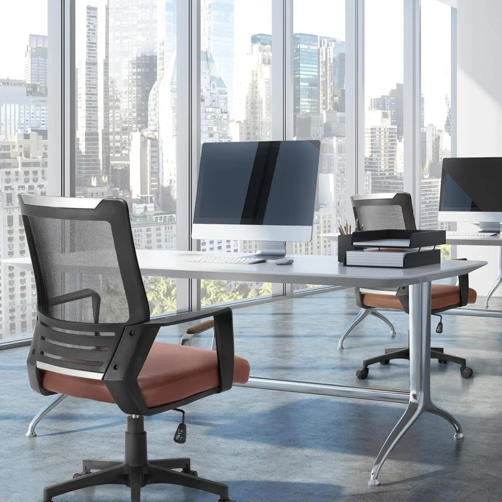 Yaheetech Mid Back Mesh Office Chair with Leather Seat Executive Office Computer Task Chair with Armrests and Lumbar Support, Br