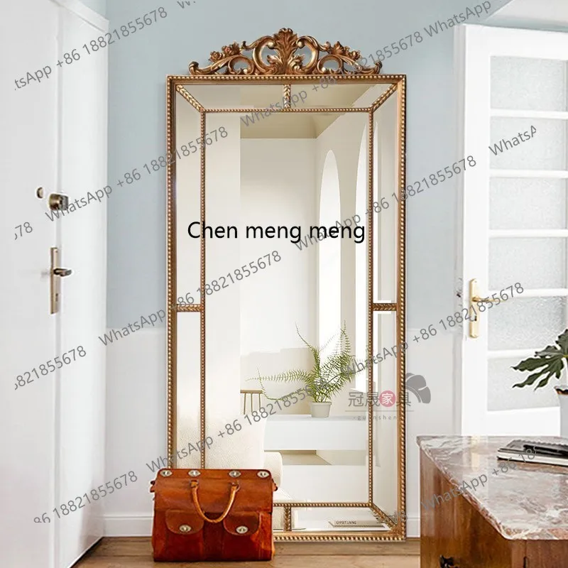 French retro light luxury full-body mirror, carved floor mirror, cloakroom, wall-hung porch dressing mirror
