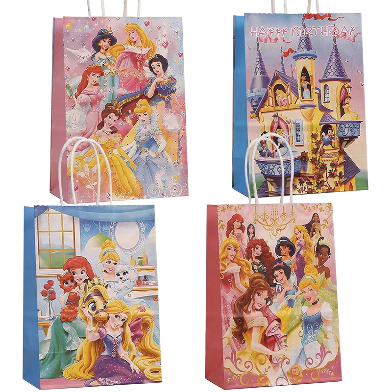 12/24szt Torby Kraft z uchwytem księżniczki z uchwytem Torba papierowa Disney Princess Baby Shower Dziewczynki Urodziny Ulubione torby na prezenty