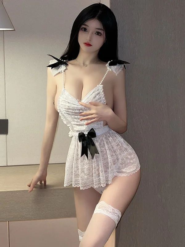 Underwear Sexy Servant Temptation Small Chest Charm Lace Mesh Sheer Transparent Sexy Servant Dress Elegant Sweet Top C186