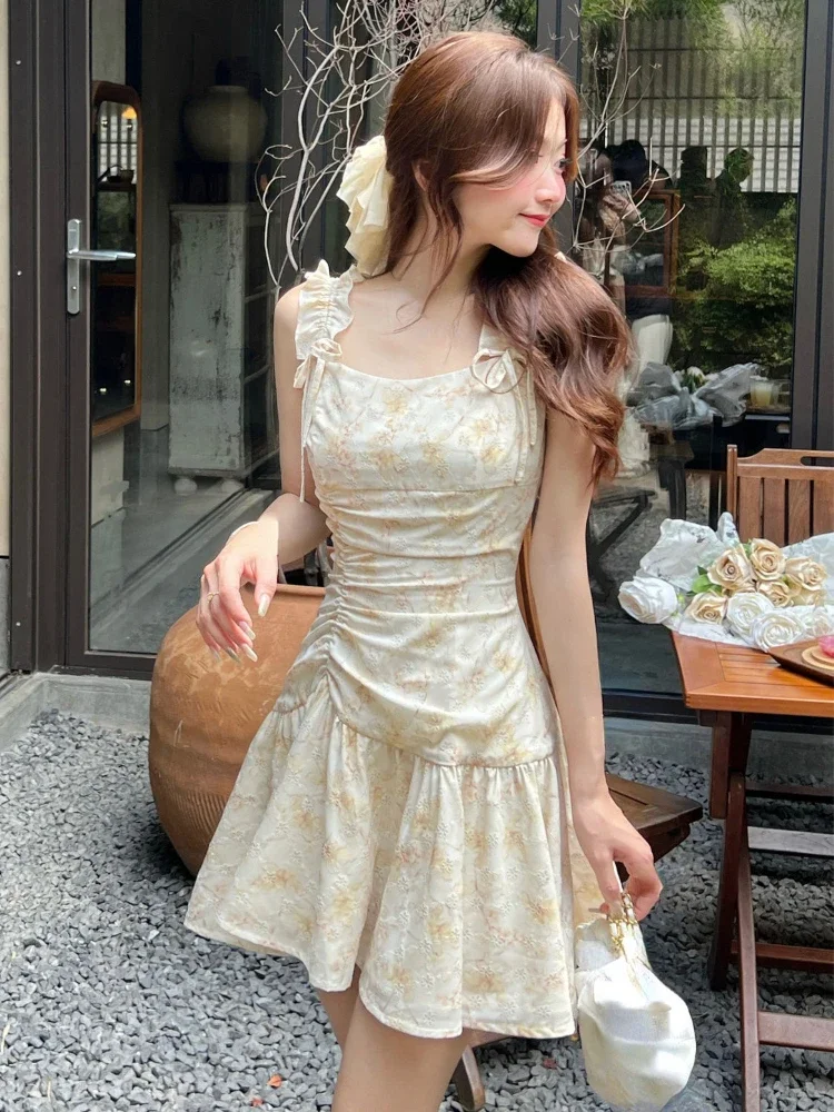 2024 Summer Slim Elegant Dress Women Evening Party Floral Mini Dress Office Lady Casual Outwear Sleeveless Dress Korean Fashion