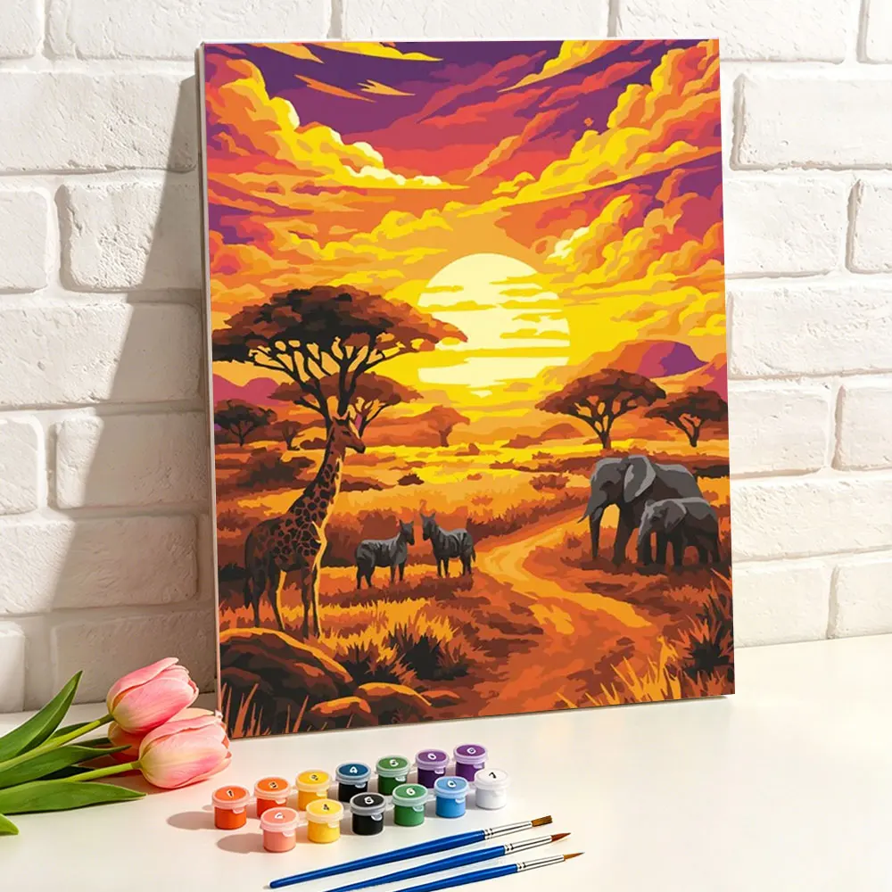DIY Coloring By Number African Grassland Sunset Animal Landscape Kits Painting By Number Modern Drawing On Canvas For Wall Gif