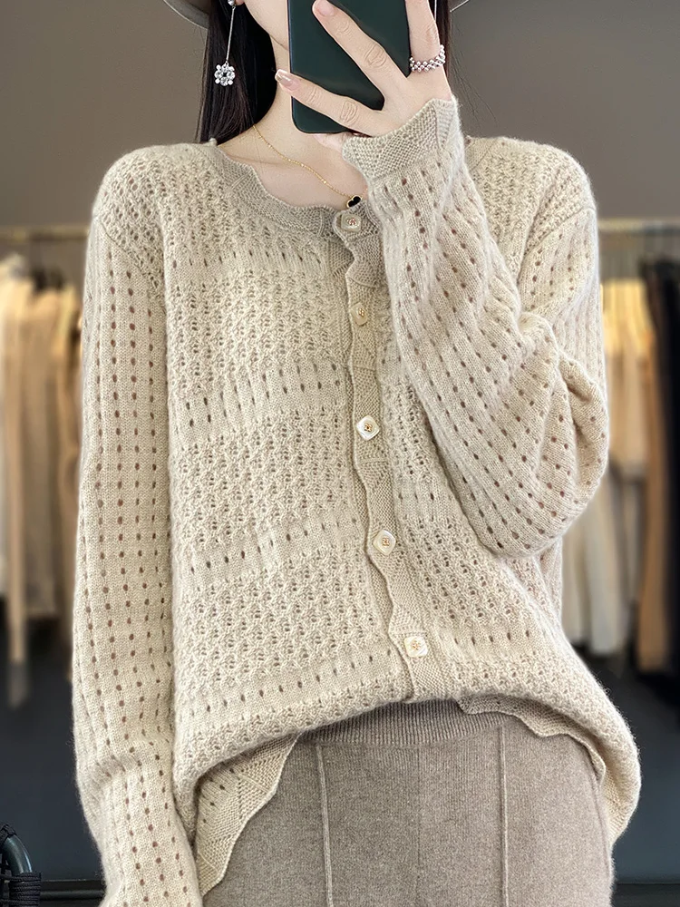 YoYoselect Spring Autumn Women 100% Pure Merino Wool Sweater V-Neck Hollow Out Cardigan Buttoned Knitted Top Knitwear Korean