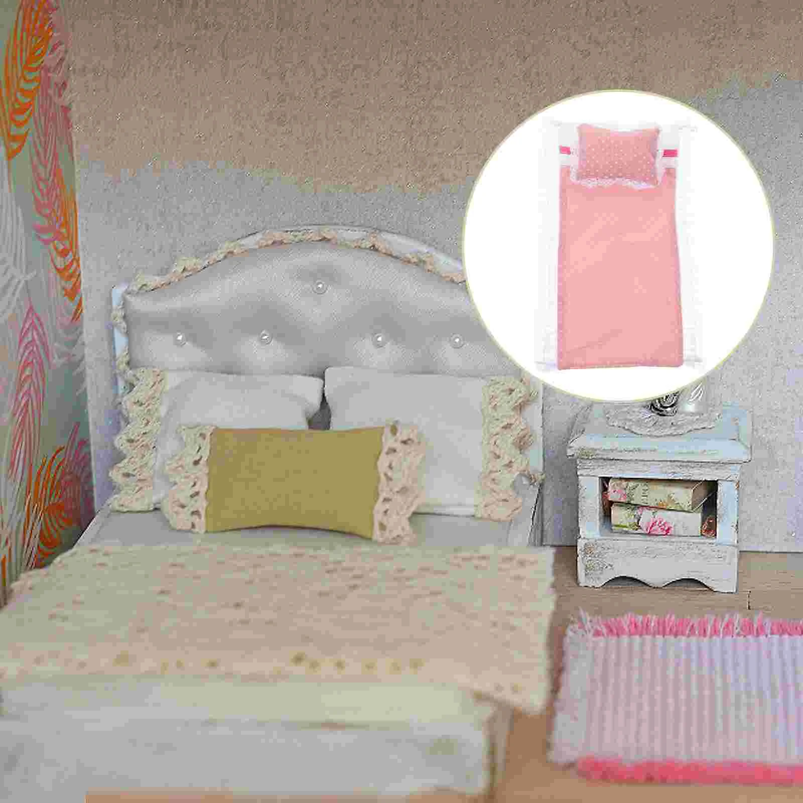 Pink Sheet Pillow Quilt Accessories Set Baby Bedding Dollhouse Furniture Pillows Toy Miniature Kit