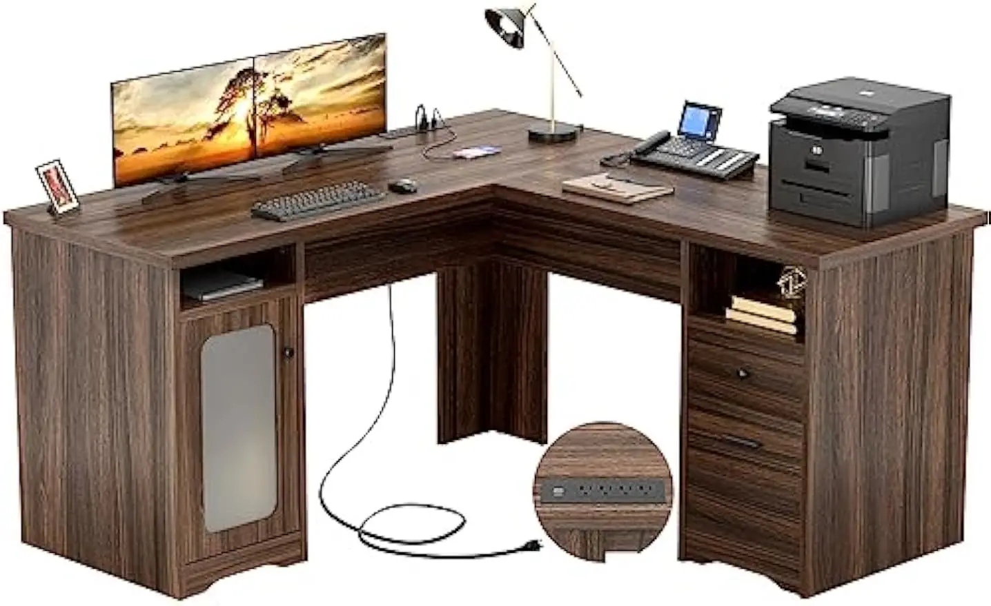 

Unikito L Shaped Desk with File Cabinet, 60 Inch Large Office Desk with Power Outlets and USB Charging Ports, L Shape Computer