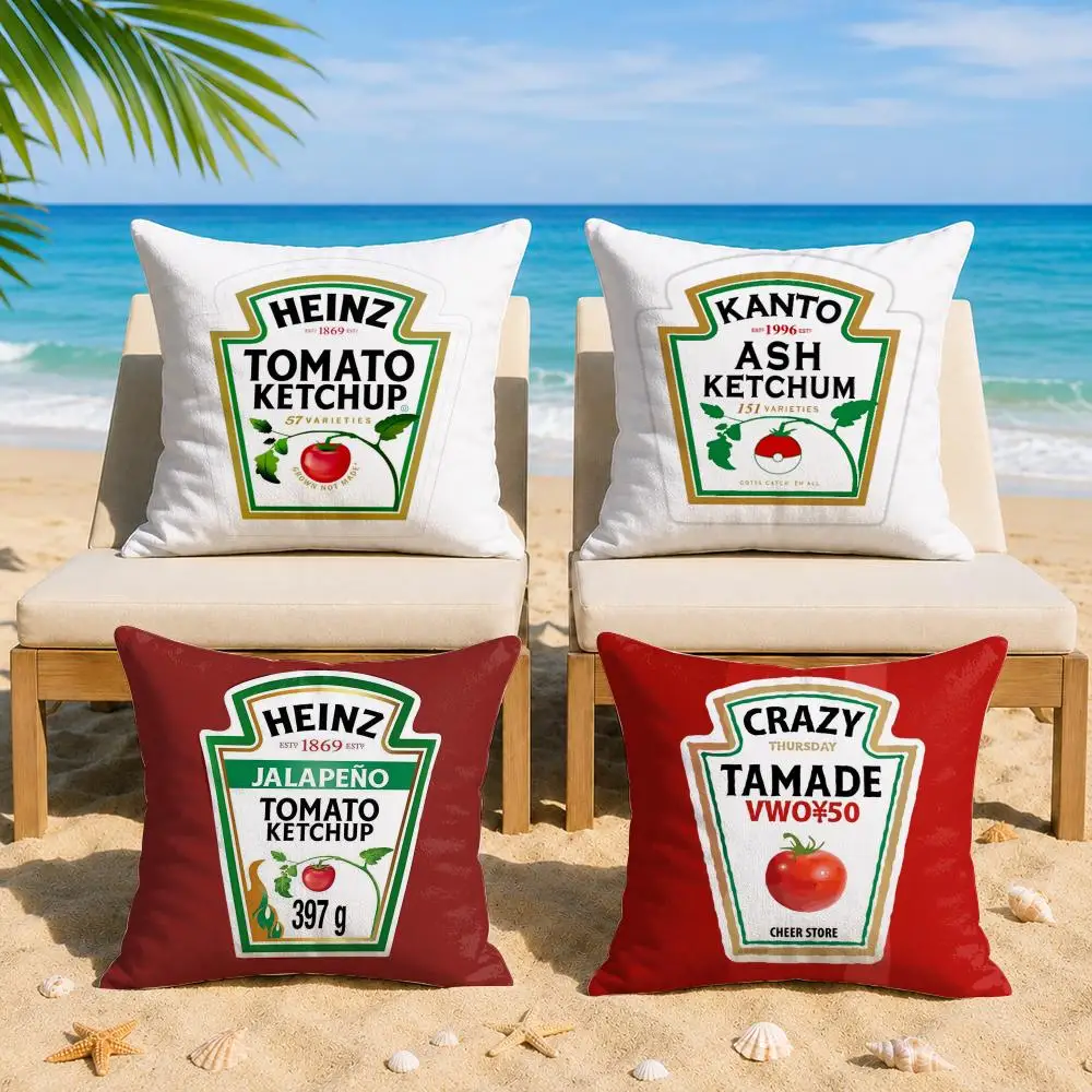 Funny Ketchup Label Cushion Cover Soft Short Plush Double-Sided Printing Home Decor Machine Washable Pillow Case Gift