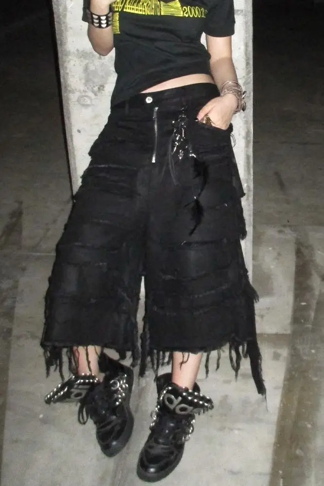 Y2k الأمريكية الرجعية الشرير شرابة الجينز الأسود الرجال والنساء الصيف الاتجاه الجديد موضة الشارع الشهير عادية فضفاض واسعة الساق الجينز