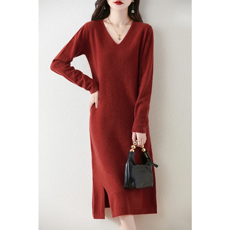 Hot Sale 100% Wool Sweater Dress for Women Winter/ Autumn V-Neck Female Solid Dresses Long Style Knit Pullover Girl Clothes