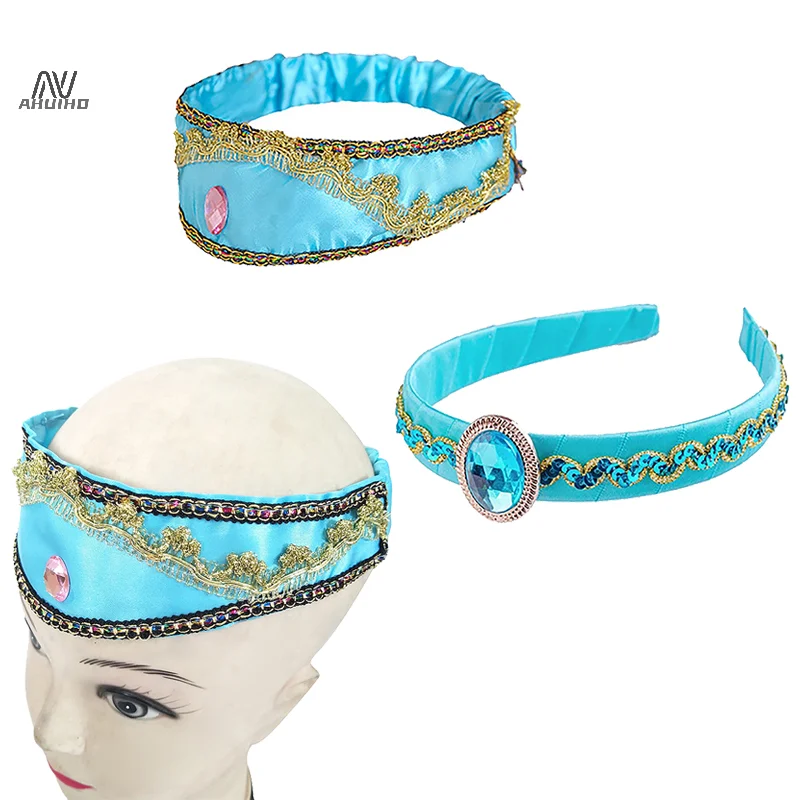 Girls Jasmine Blue Headbands Large Crystal Children Headwear Arabian Princess Hair Bands For Cosplay Party Hair Accessories