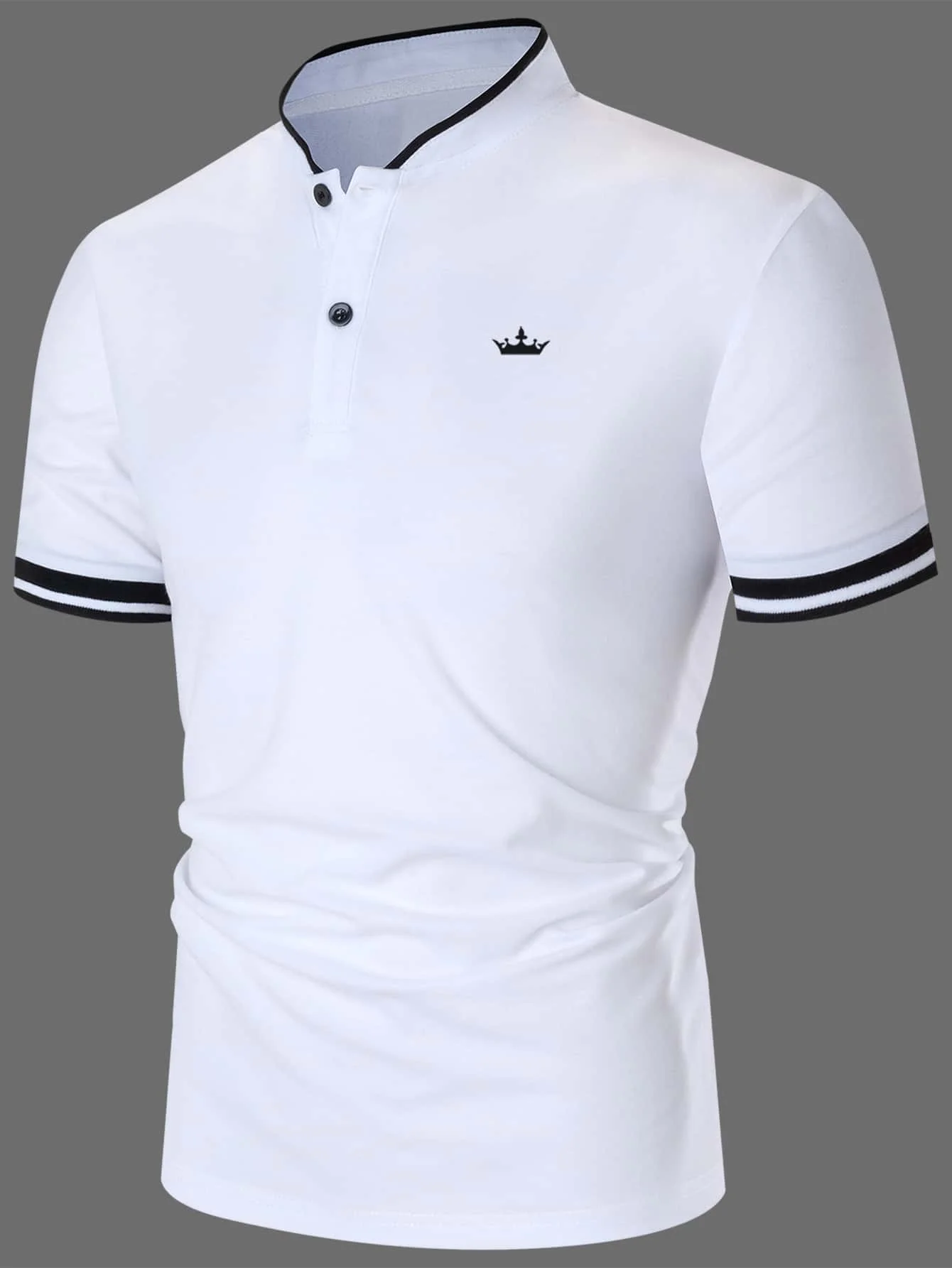 

Men's White Short Sleeve Casual Polo Shirt with Crown Embroidery and Striped Cuffs