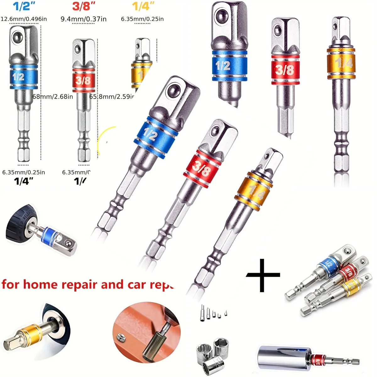 

3pcs 1/4' 3/8' 1/2' Hex Shank Bit Square Power Drill Cordless Sockets Bit Set with Color Coded Ring Grade Socket Adapter/Extensi