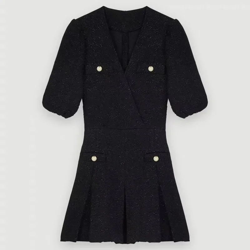 

Women's Black Tweed Dress Metal Buttons V-Neck High Waist Pleated Temperament 2024 Spring Mini Robe