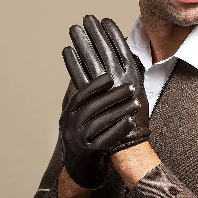 Guantes de cuero de oveja para hombre, manoplas de invierno de dedo completo con pantalla táctil, color marrón, para montar en motocicleta, novedad