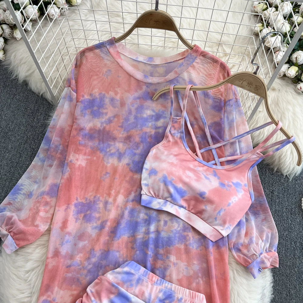 Women Fashion Summer Elegant Tie-Dye Tracksuit Casual Shirts Blouse Crop Tank Tops and Shorts Pants 3 Pieces Female Outfits New