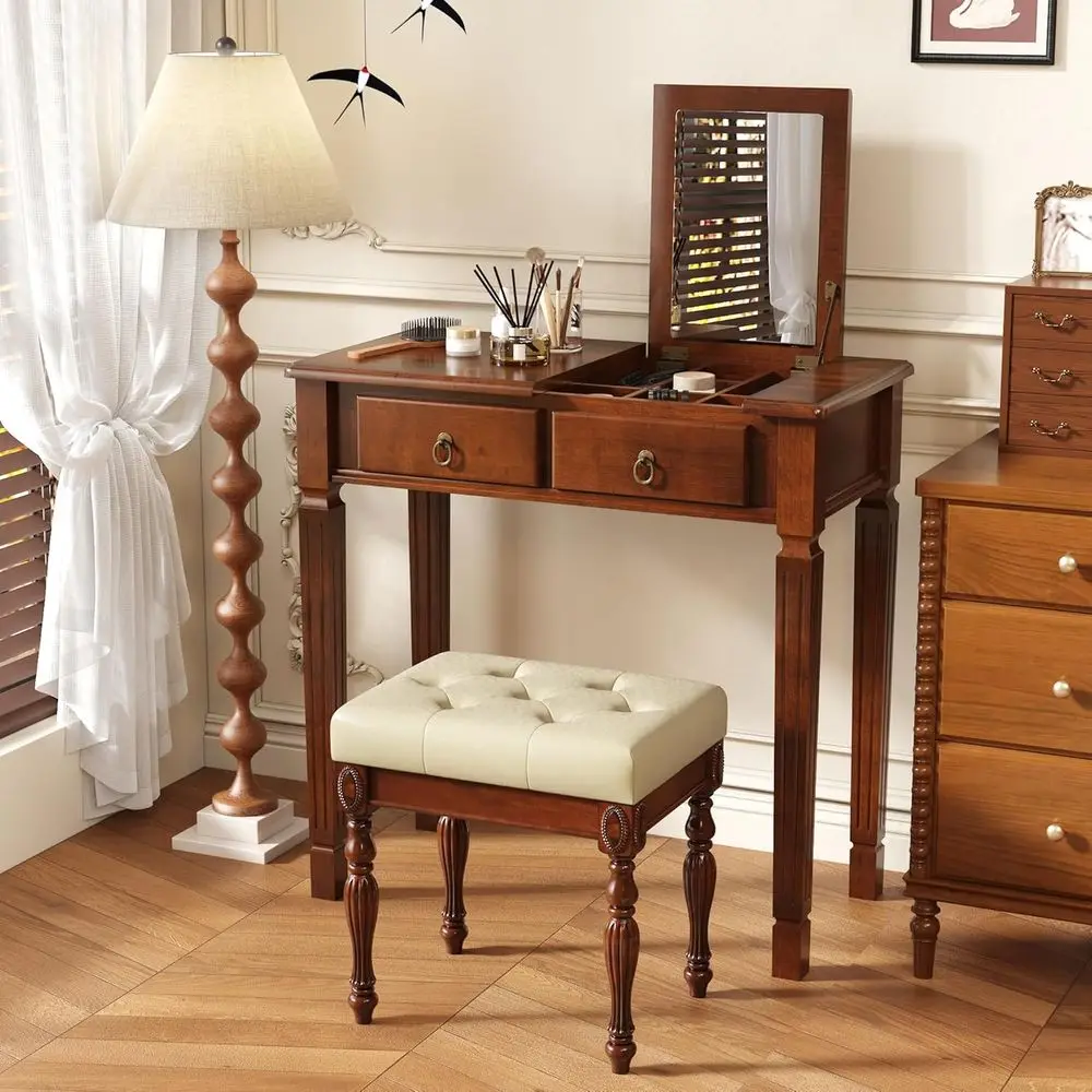 

Compact Cherry Red Makeup Vanity Desk with Lip-Top Mirror and Beige Upholstered Stool