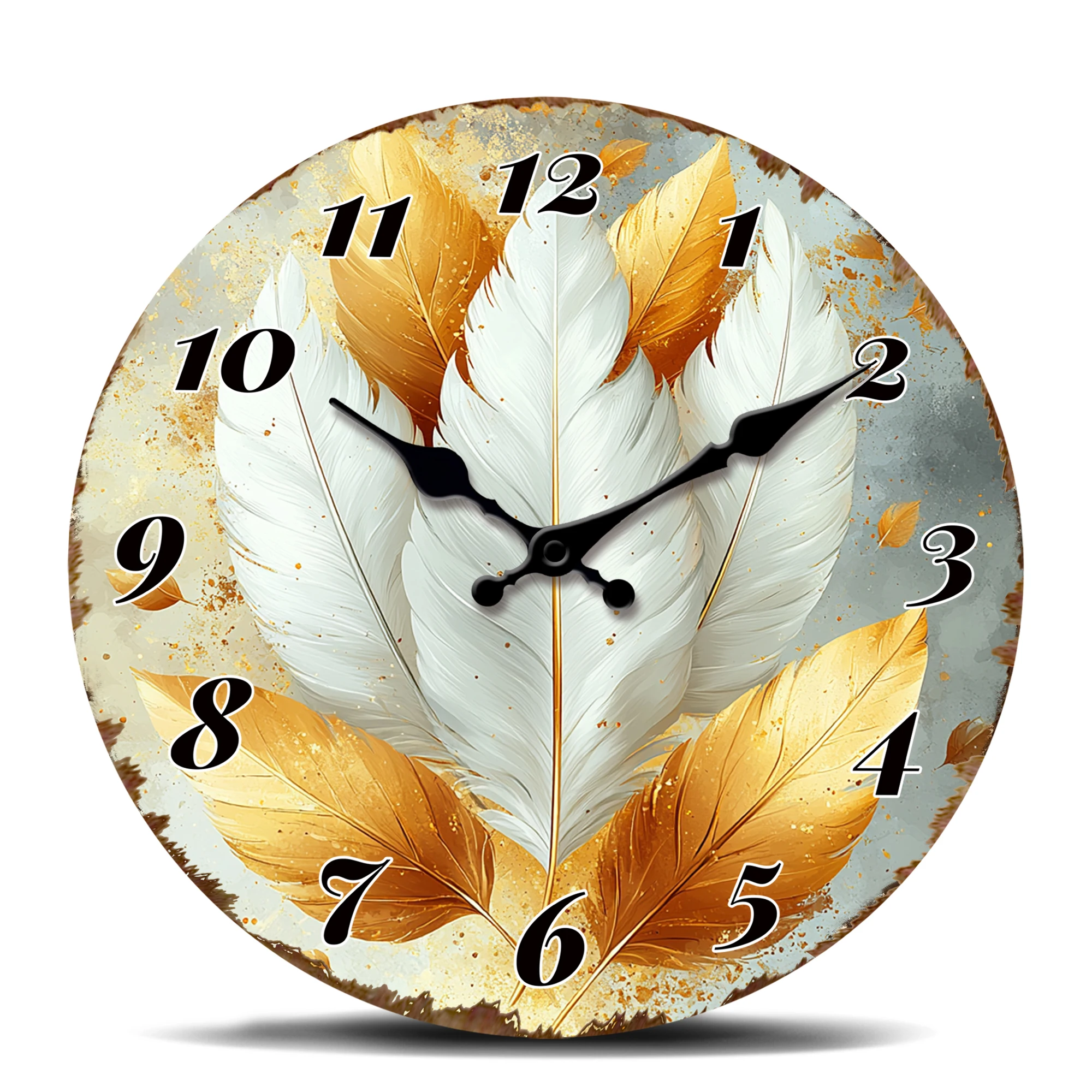 Goldene und Weiße Federn Wanduhr, Bohemian Art Dekorative Uhr, Stilvolles Federmuster-Design Wanduhr für Boho-Chic Spa