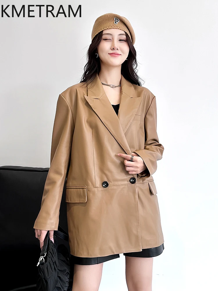 シープスキンジャケット100%トップレイヤー、レディースルーズミドル丈本革スーツジャケット、アウターウェア新作、2025年秋婦人服