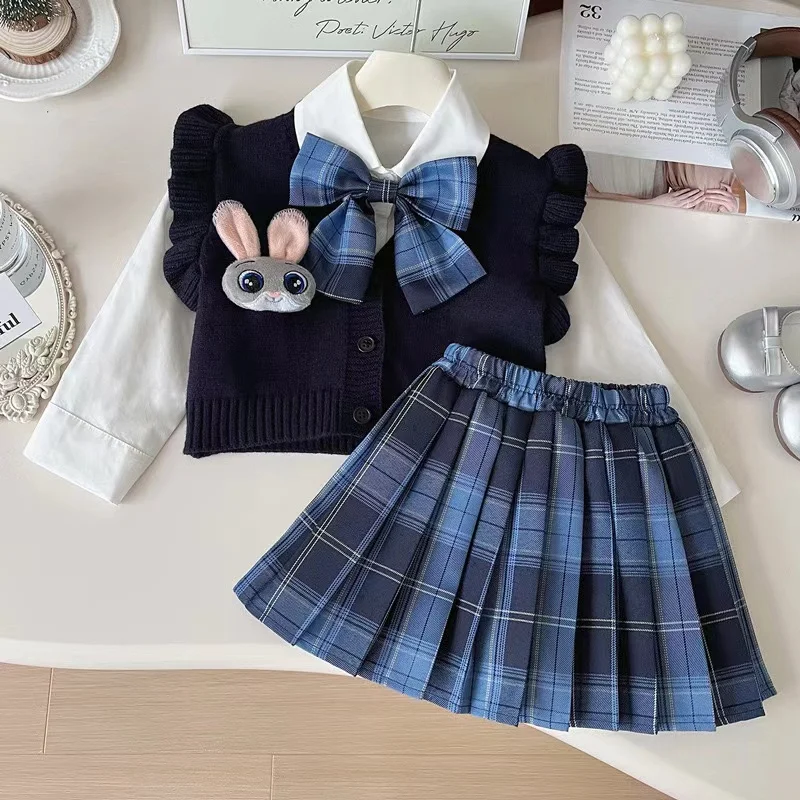 

New Fall 2025 Girl Rabbit Officer JK Set Little Girl Preppy Knit Three-piece Set 90-140cm