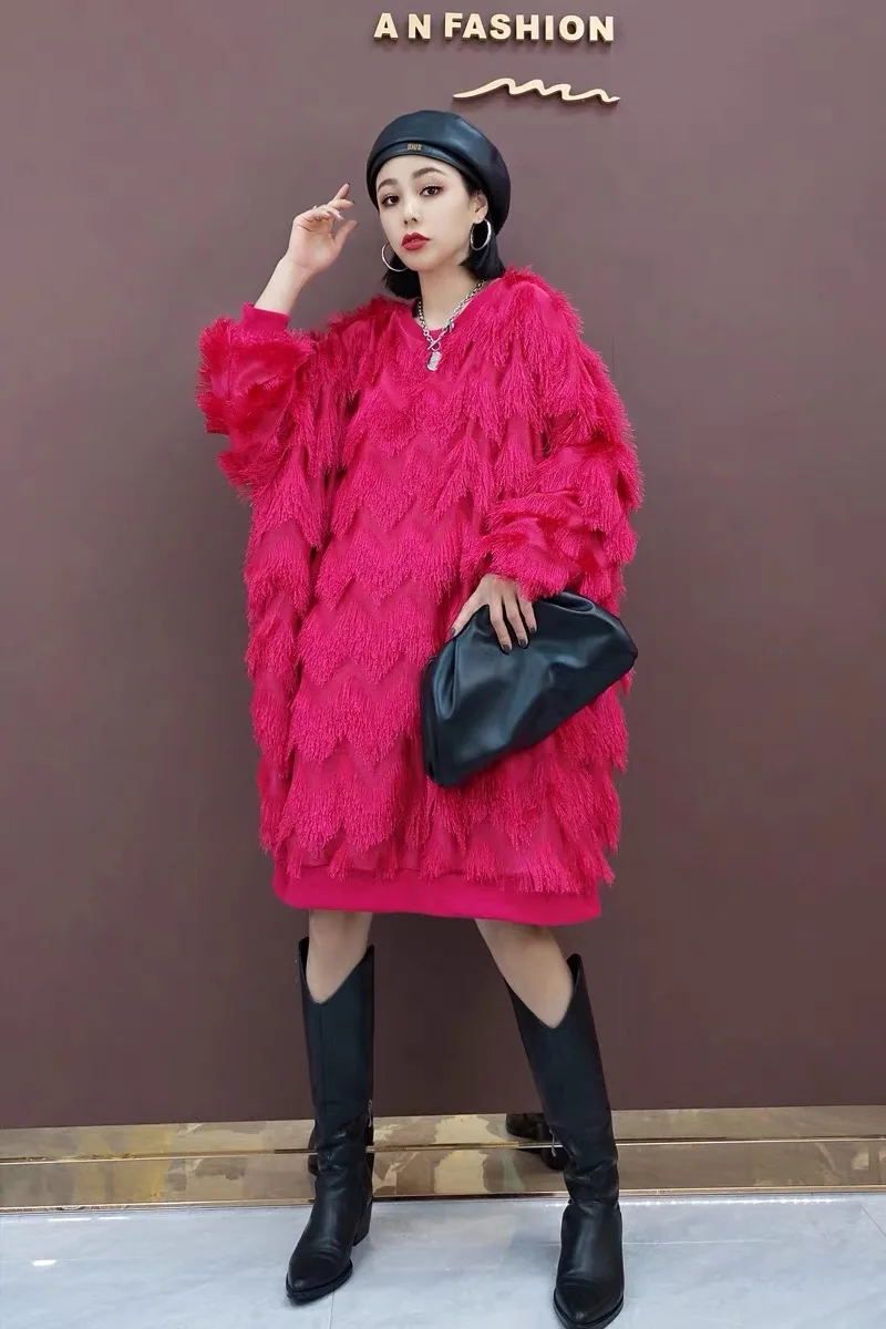 

Oversized Autumn Winter Pullover Midi Dress Women Fringe Patchwork Modis Korea Loose Ladies Dresses Long Sleeve Woman Dress 2023