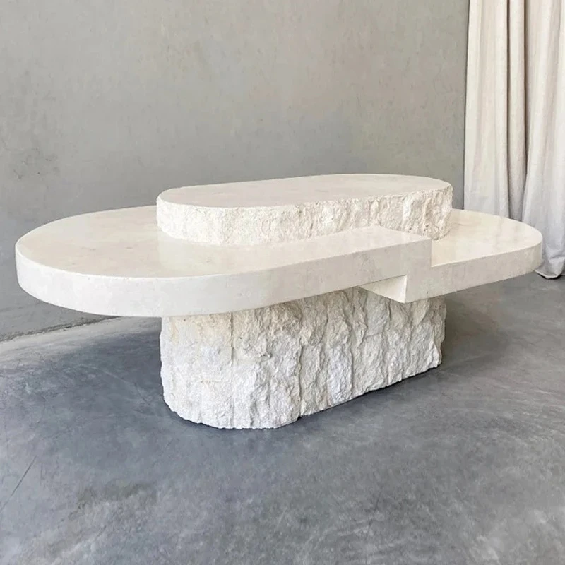 

Nordic natural marble coffee table wabi sand wind travertine tea table oval creative art coffee table