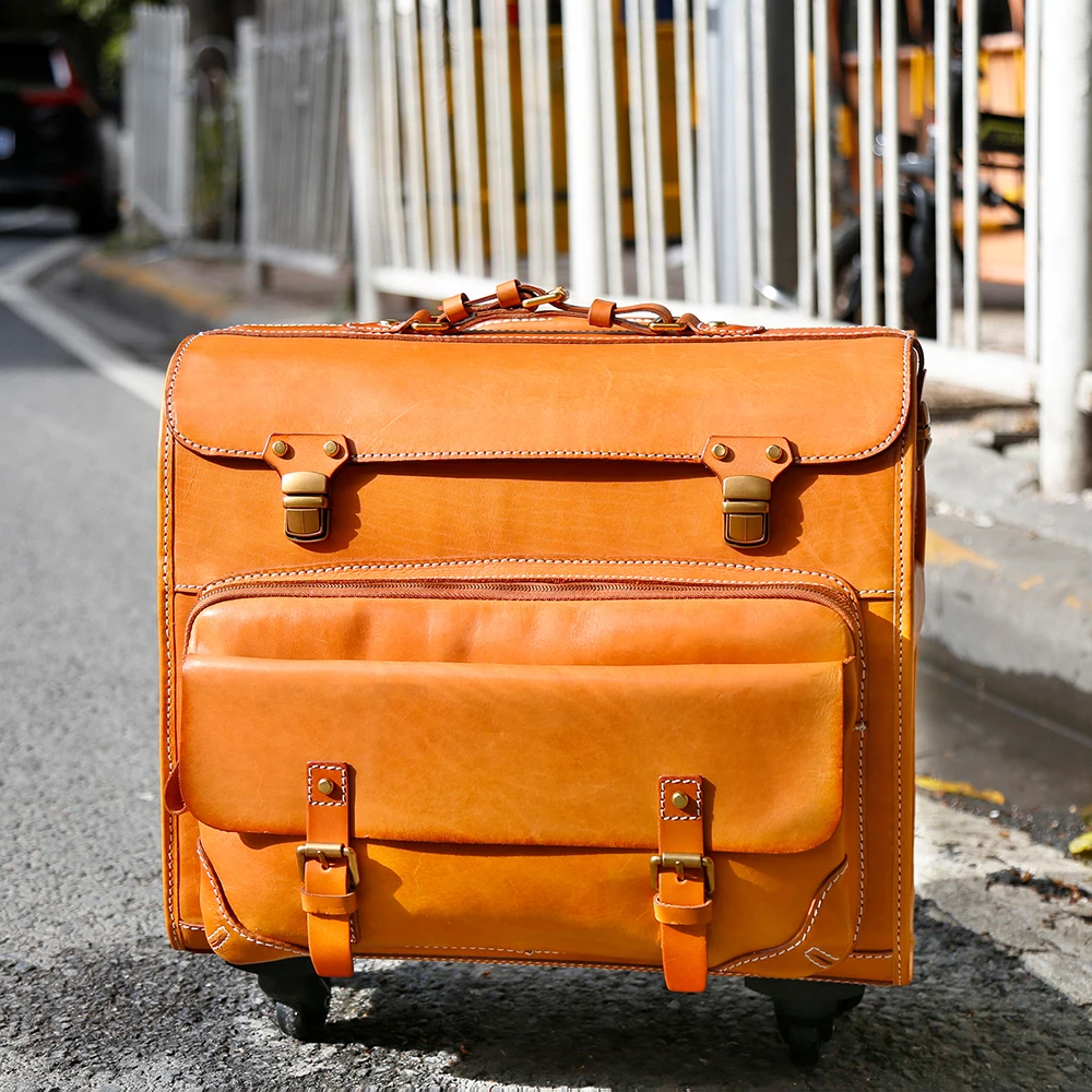 Men's Genuine leather luggage vegetable tanned leather handmade luggage universal wheel 20 inch boarding box retro travel  case