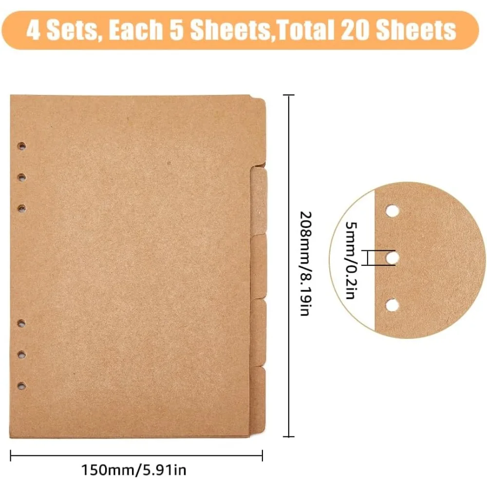 20 Sheets A5 Kraft Paper Binder Dividers 5-Tab/6-Hole Cover Ring Binder BurlyWood 6 Holes Ring Index Page for Planner Notebook