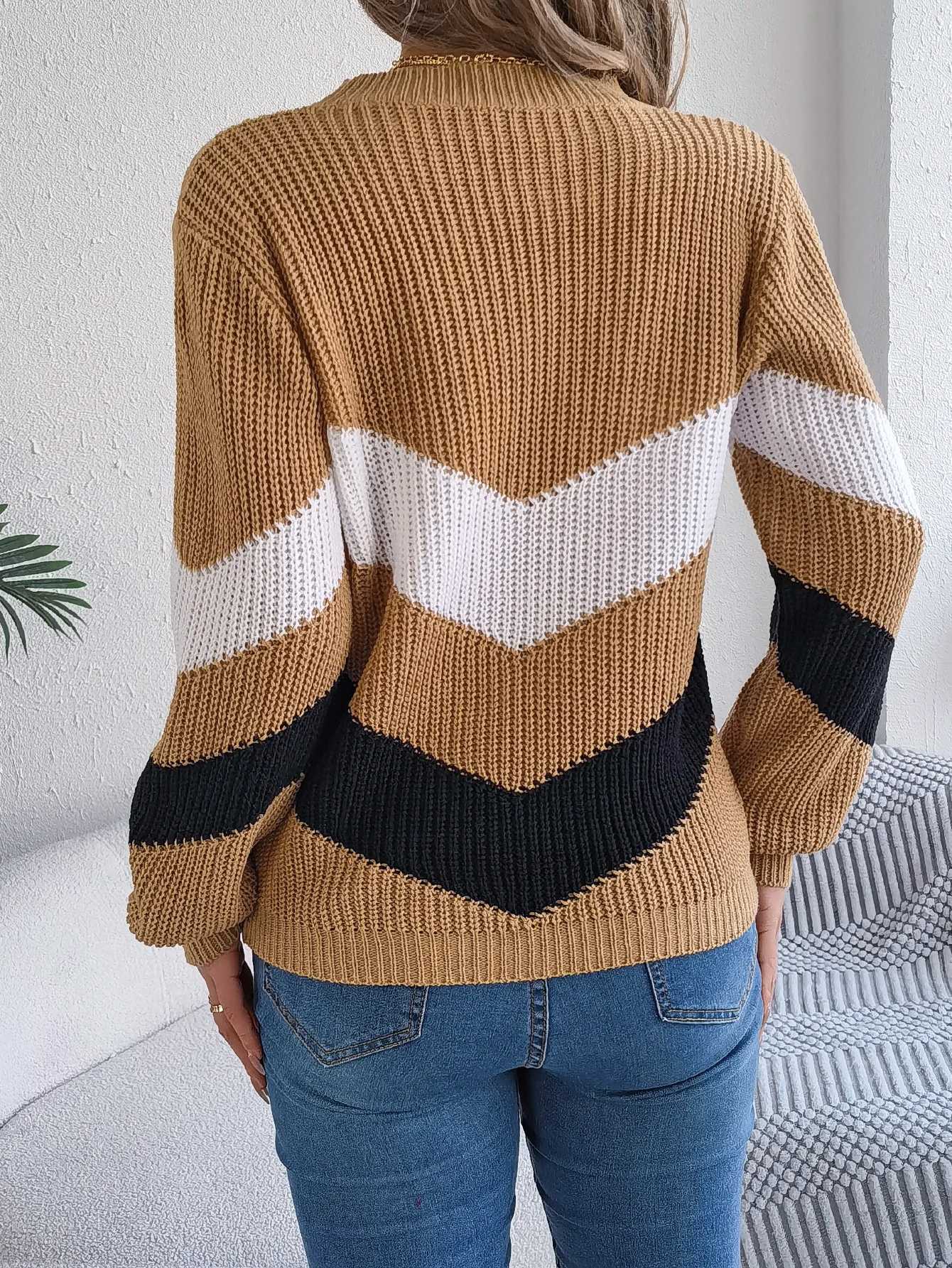 Colorblock Striped Crew Neck Long Sleeve Knit Sweater Casual Winter