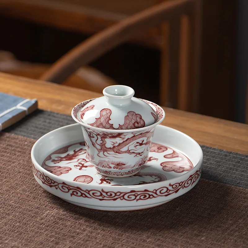 Jingdezhen Imitation Blue and White Glaze Red Pattern Horseshoe Gaiwan Tea Cup Kung Fu Set Suit Household Brewing Bowl