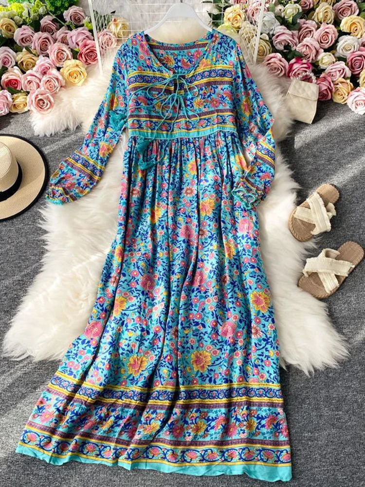 Spring Summer Women Dresses Bohemia Loose Long Sleeve Floral Printed O-neck Woman Beach Party Long Dress Mujer Vestidos