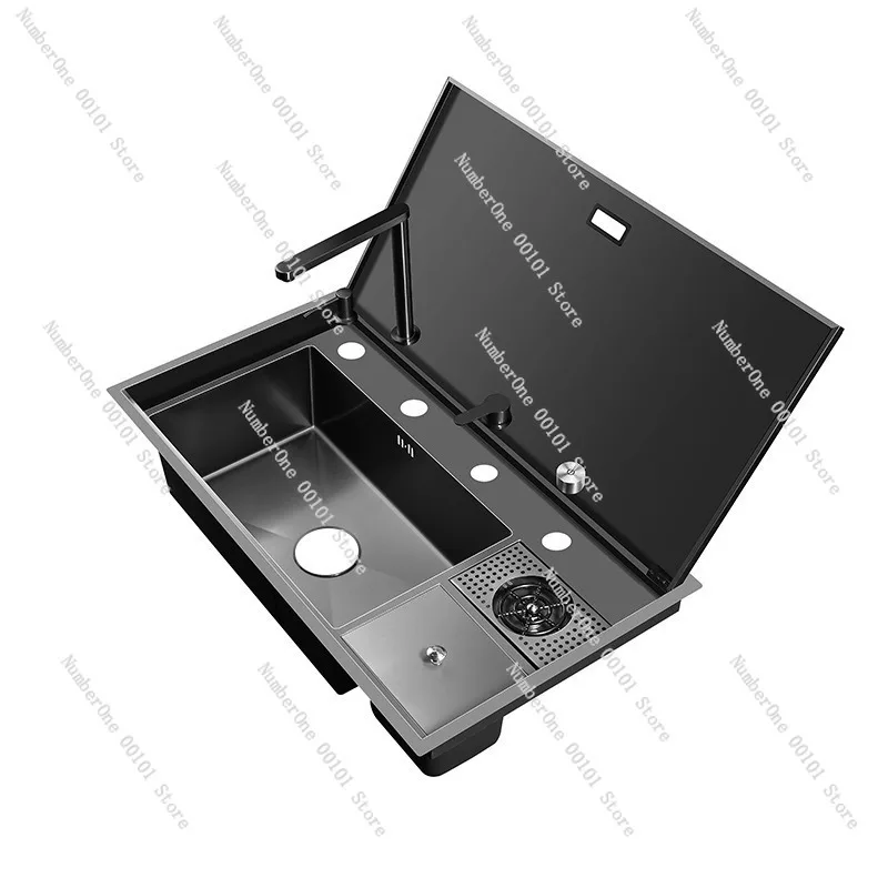 Invisible Stainless Steel Kitchen Sink with Cup Washer, Hidden Design Bar Island Single Basin Sink with Damping Cover Plate