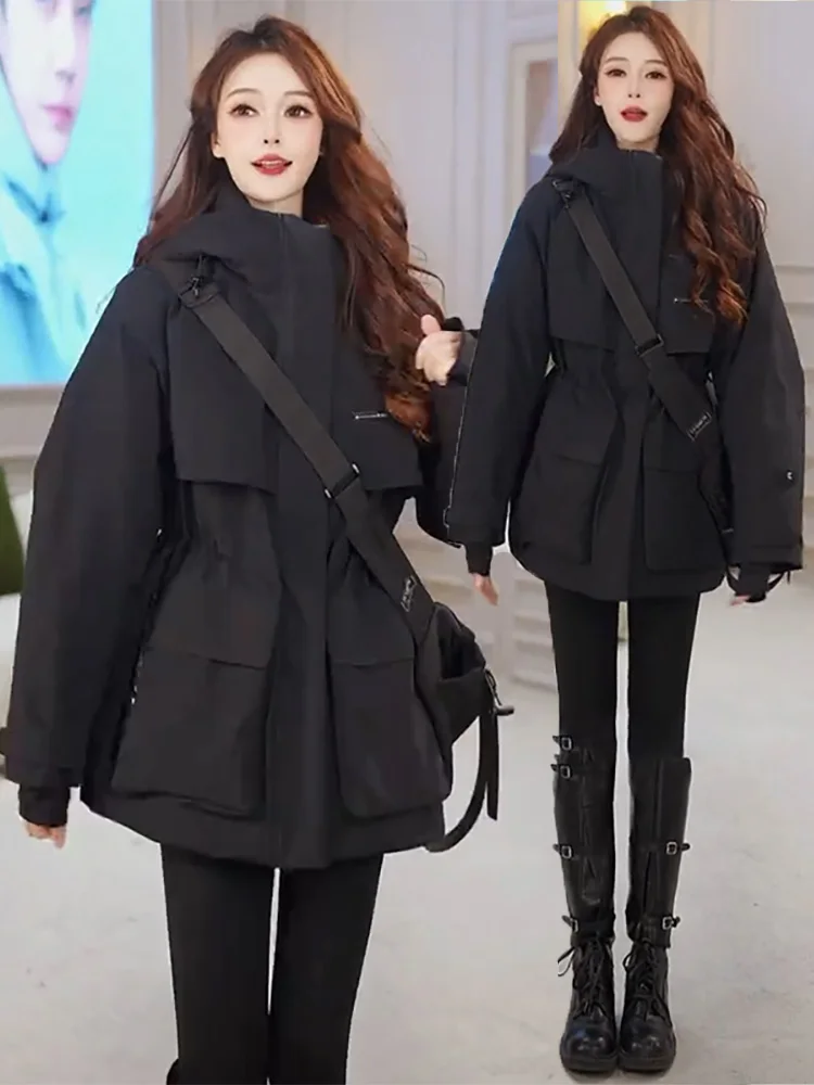 

Корейское женское зимнее утепленное хлопковое пальто-куртка, длинное рабочее пальто, теплое, на флисовой подкладке, с капюшоном, ветрозащитное