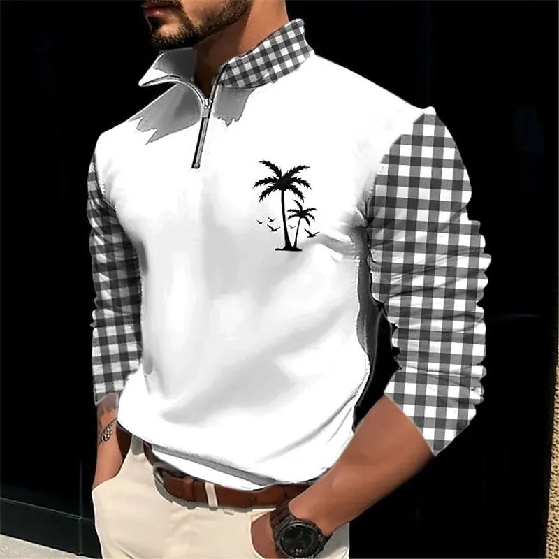 

Men's Coconut Tree Graphic Zipper Sweatshirt Simple Plaid Pattern Long Sleeve Zip Collar Top Autumn Daily Casual Holiday Clothes
