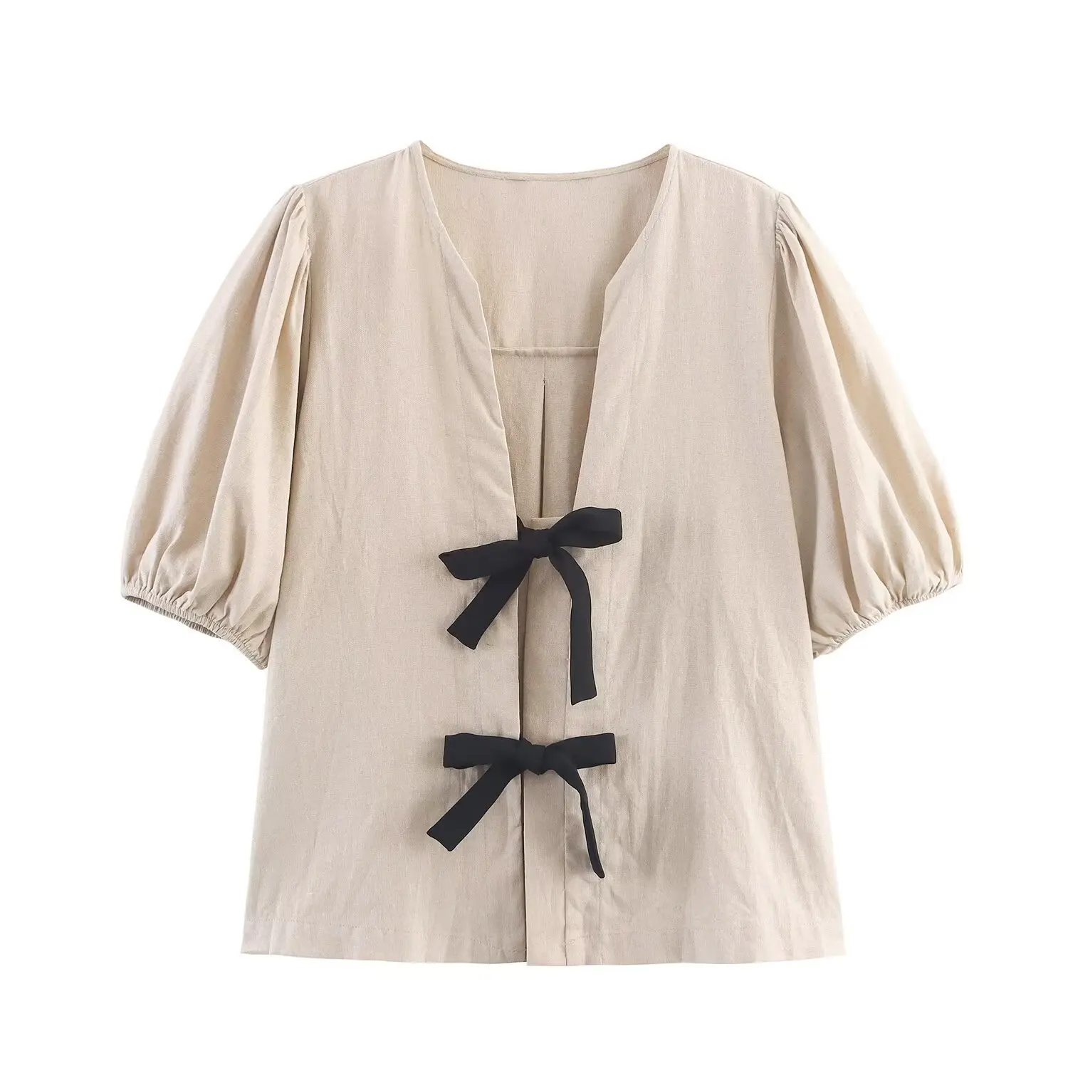 Camicette moda manica corta blu con scollo a V Camicette moda donna con copertura a righe con nodo a farfalla Camicetta casual slim